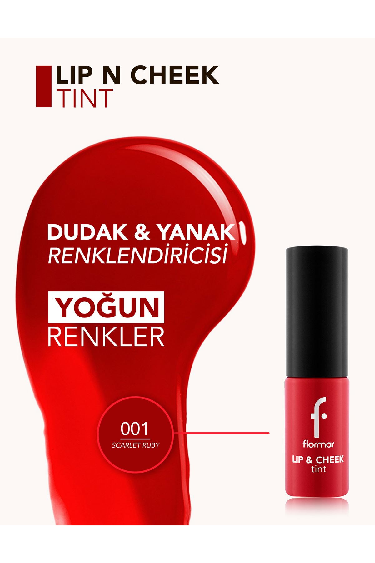 Flormar Lip & Cheek Tint Mat ve Kalıcı Su Bazlı Likit Dudak/Yanak Renklendiricisi 001 Scarlet Ruby